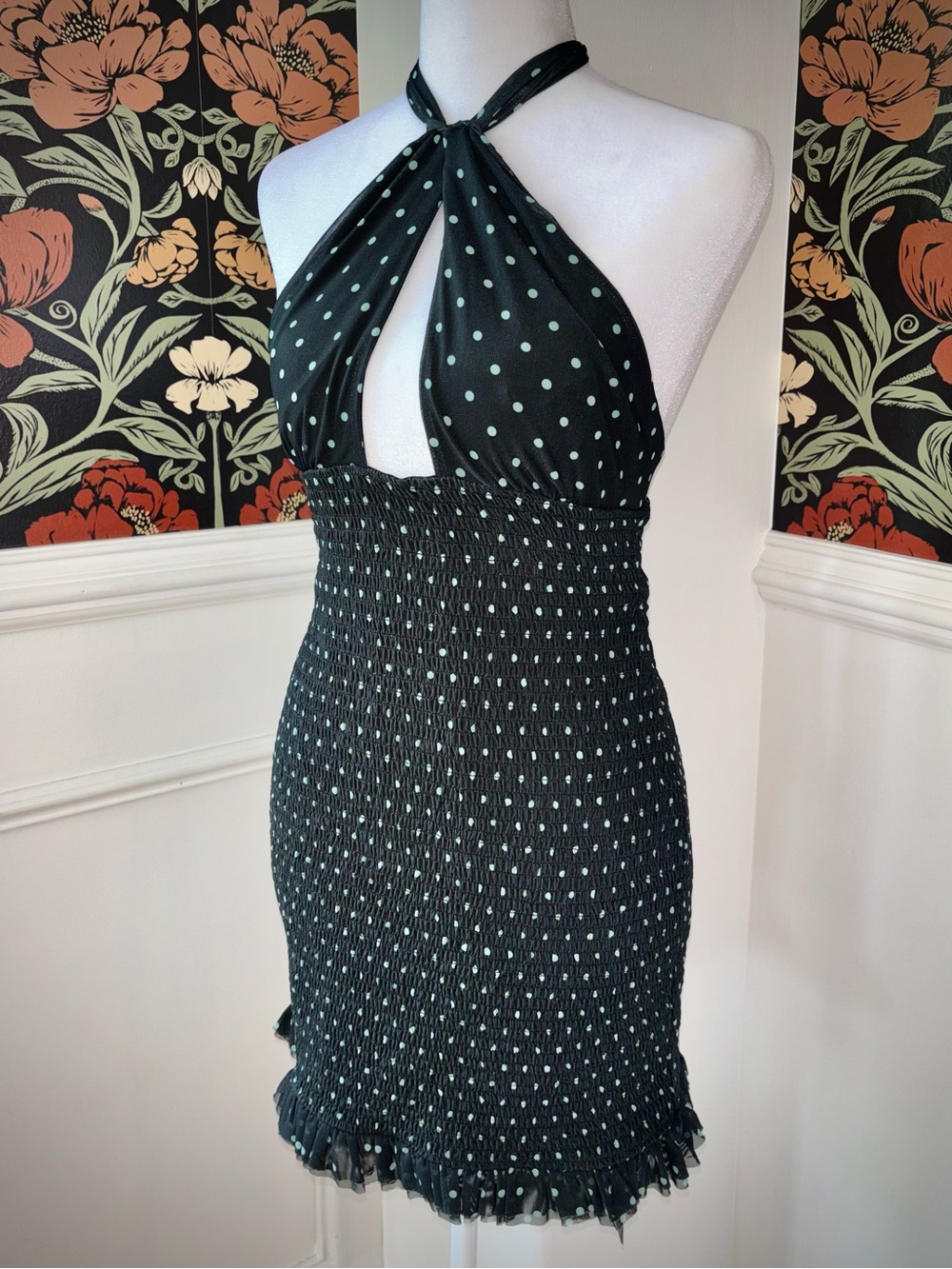 NWT Anthropologie Smocked Halter Mini Dress Mint Polka Dot Coquette - Picture 5 of 15